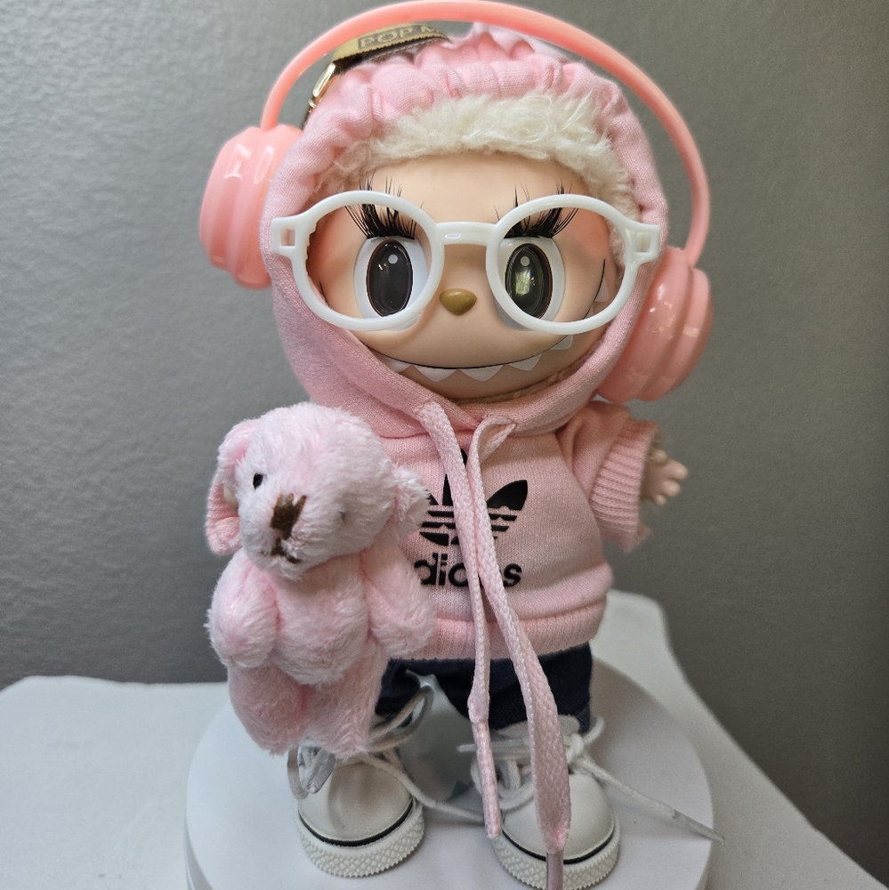 Outfit For Labubu Pink Hoodie with Jean, Headphones, Tennis Shoes, Bear, Glasses